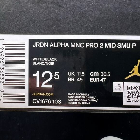 Nike Jordan Alpha Menace Pro 2 Mid SMU P White Black CV1676 103 Men's Size 12.5 - Picture 10 of 10